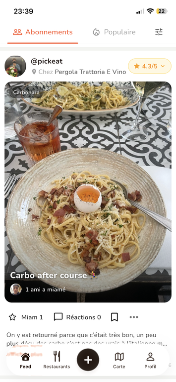 Publication d’un plat de carbonara dans le feed Pickeat