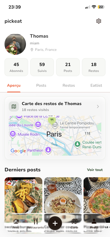Profil Pickeat avec carte personnelle et derniers posts